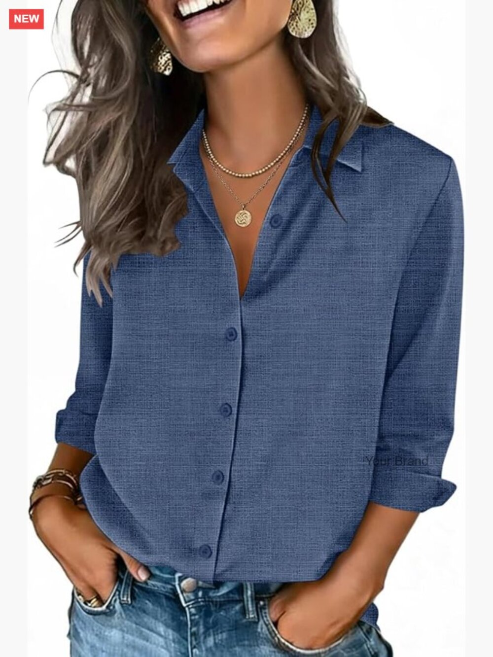 3/4 Sleeve V-Neck Button Down Blouse Business Casual Top
